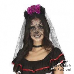 VINCHA HALLOWEEN FLOR CON TUL NEGRO LARGO LABRADO DG1443A x 1